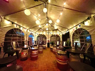 Evening outdoor area with string lights