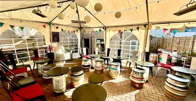 Daytime outdoor seating with gazebo